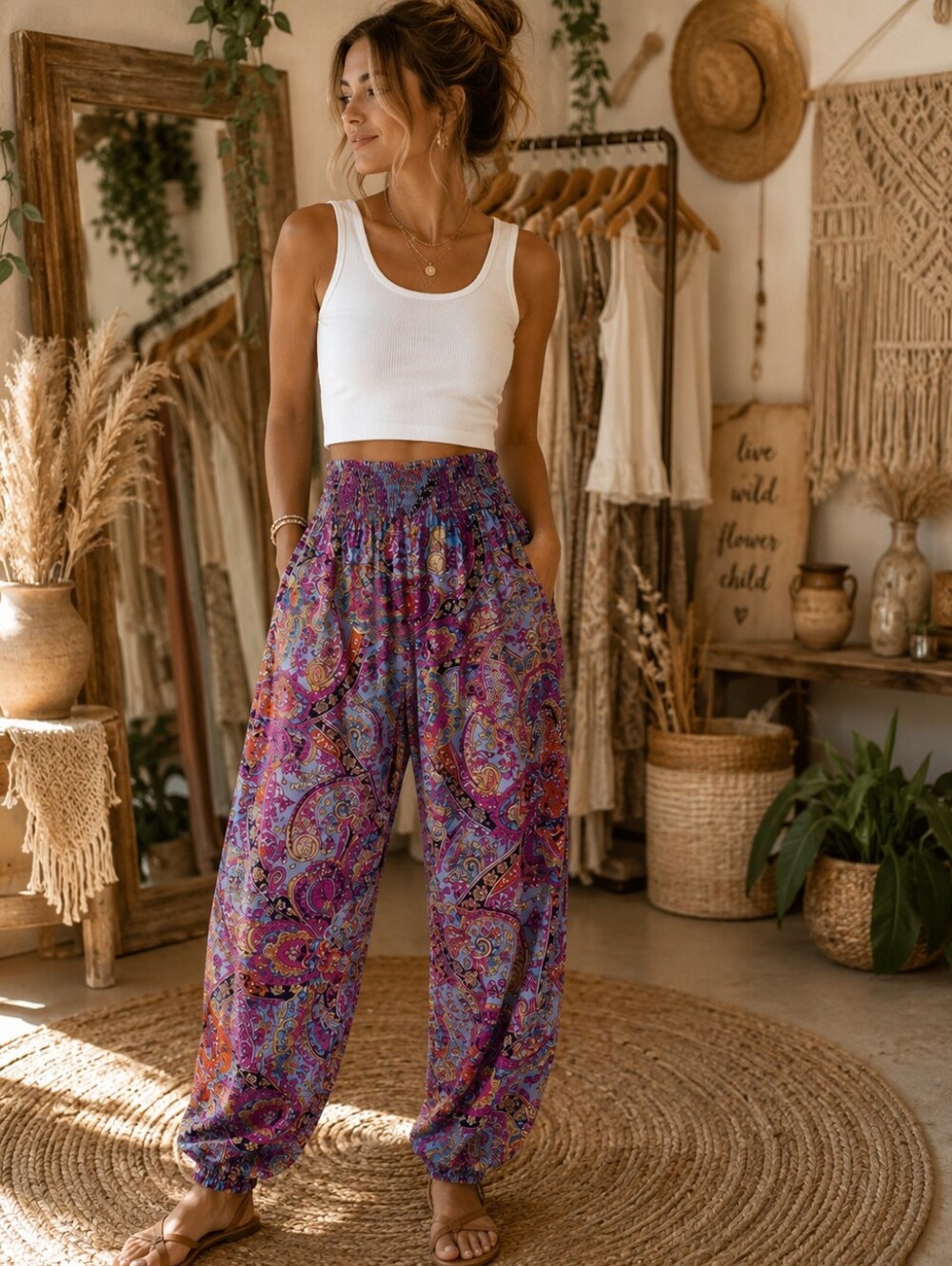 SHEIN Purple Paisley Print Wide Leg Pants